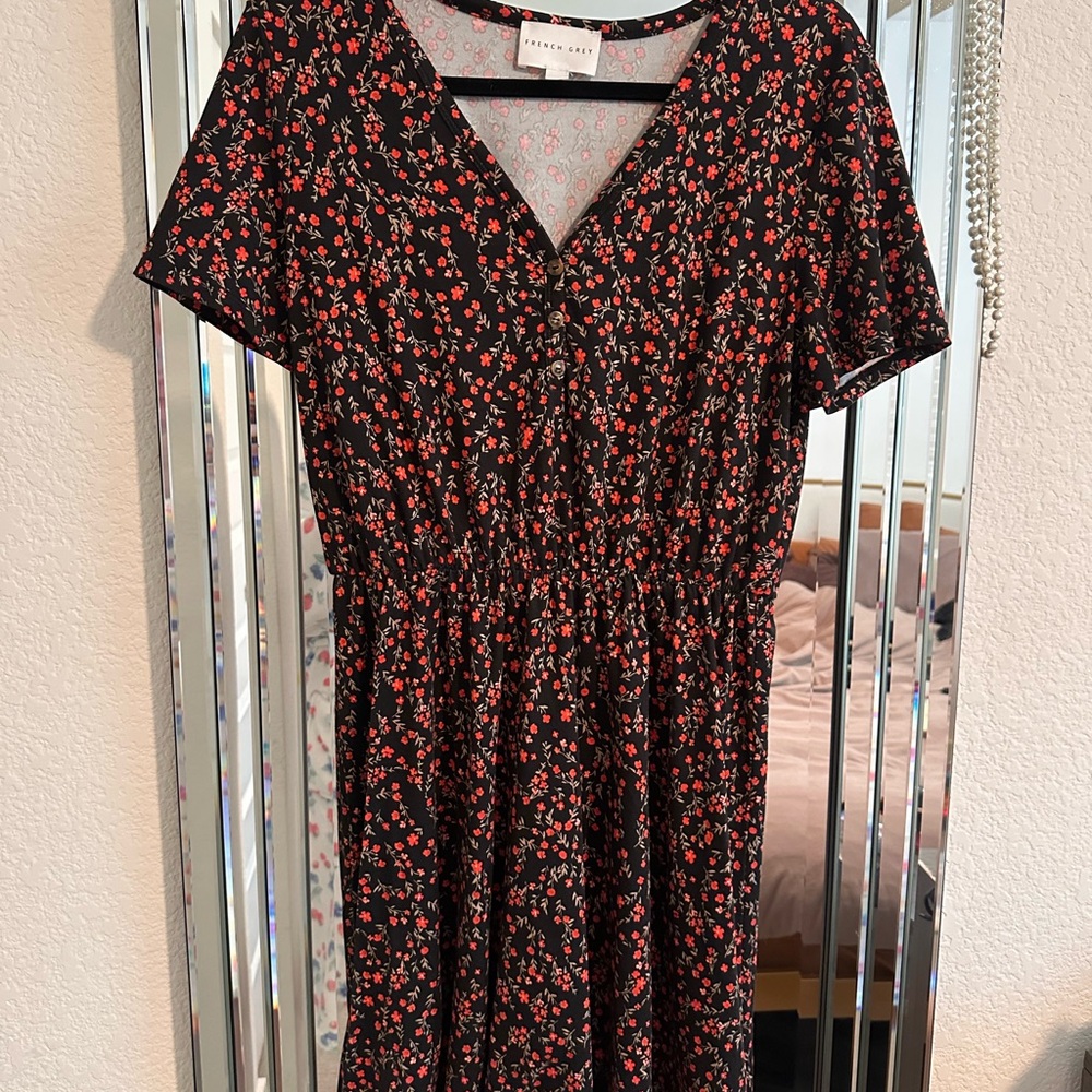 French Grey Black and Red Floral Midi Dress